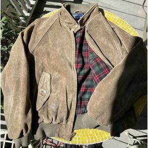 Polo Ralph Lauren Mens Suede Leather Bomber Jacket Tan Plaid Wool Flannel LARGE
